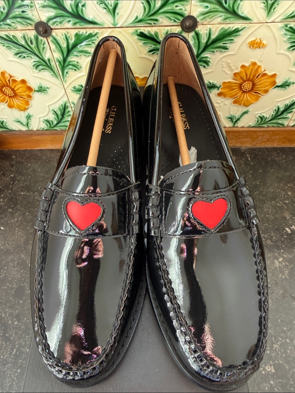 G H Bass Black Patent Leather Loafers with Red Heart Accent